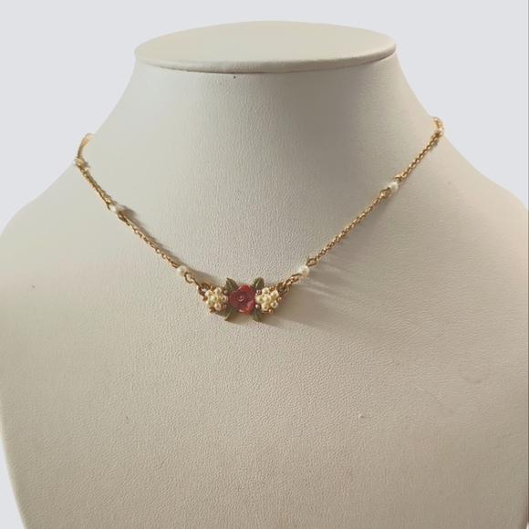 Imitation Pearl Pink Enamel Flower Collar Necklace - Picture 1 of 5